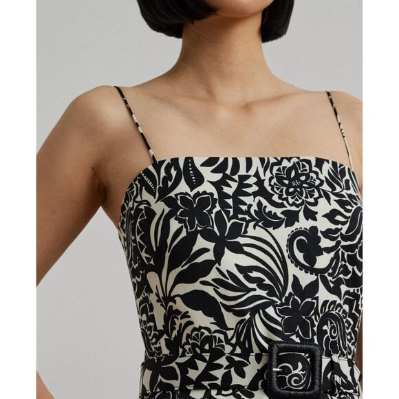 325$ Lauren Ralph Lauren Floral Belted Faille Cocktail Dress Size 10 Ivory Black - Picture 3 of 4